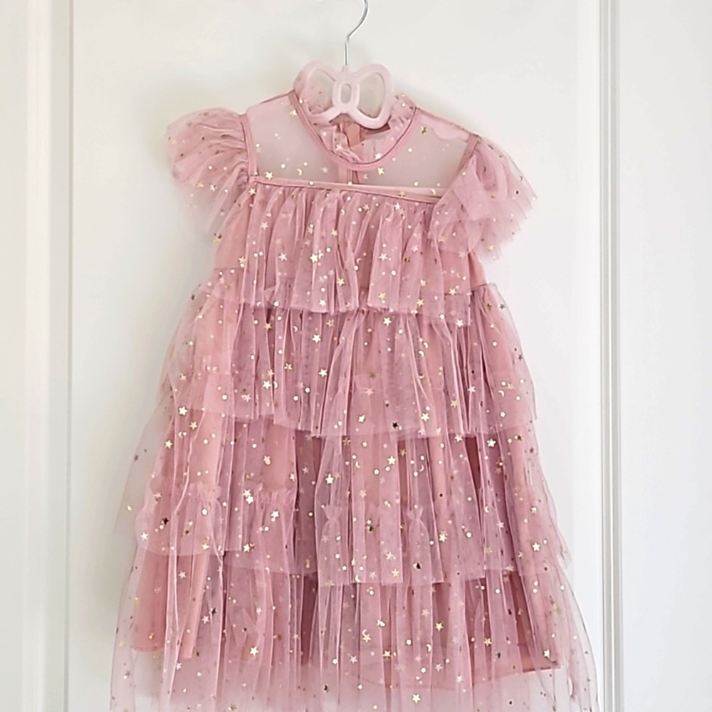 Toddler Girls Sequin Stars Layered Hem Mesh Princess Party Dress